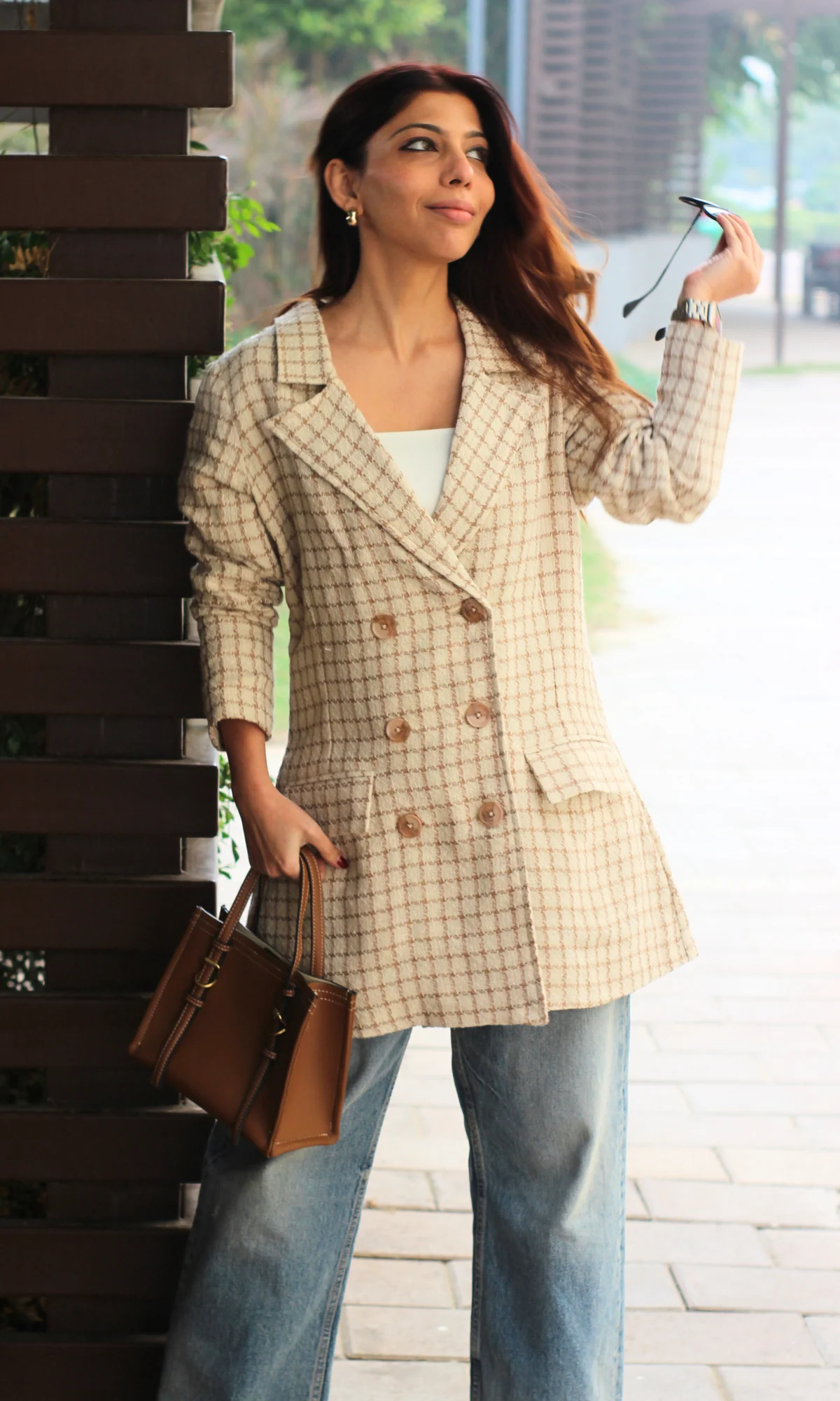 Beige Checked Tweed Blazer - Image 4
