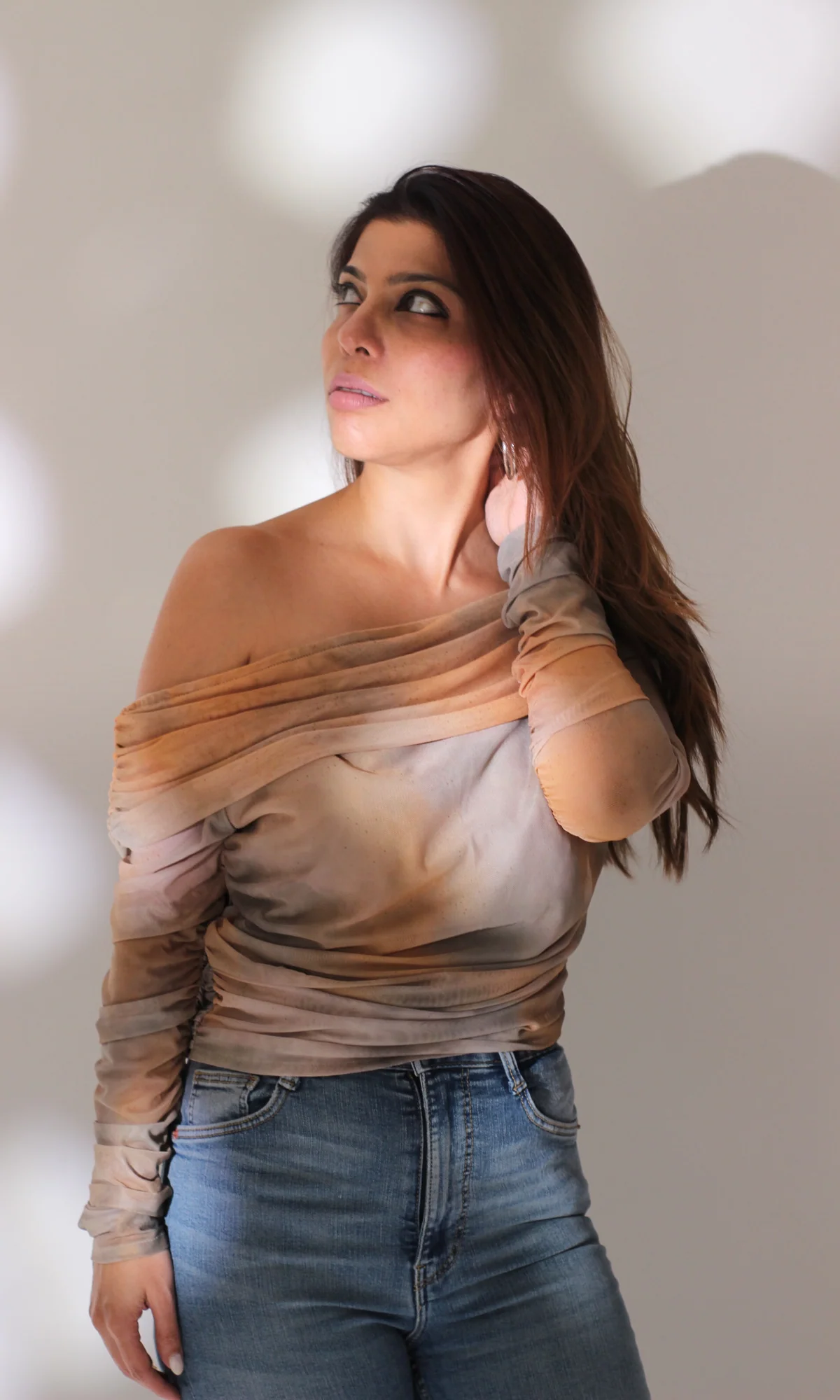 Beige Symphony Off-Shoulder Tulle Top - Image 4