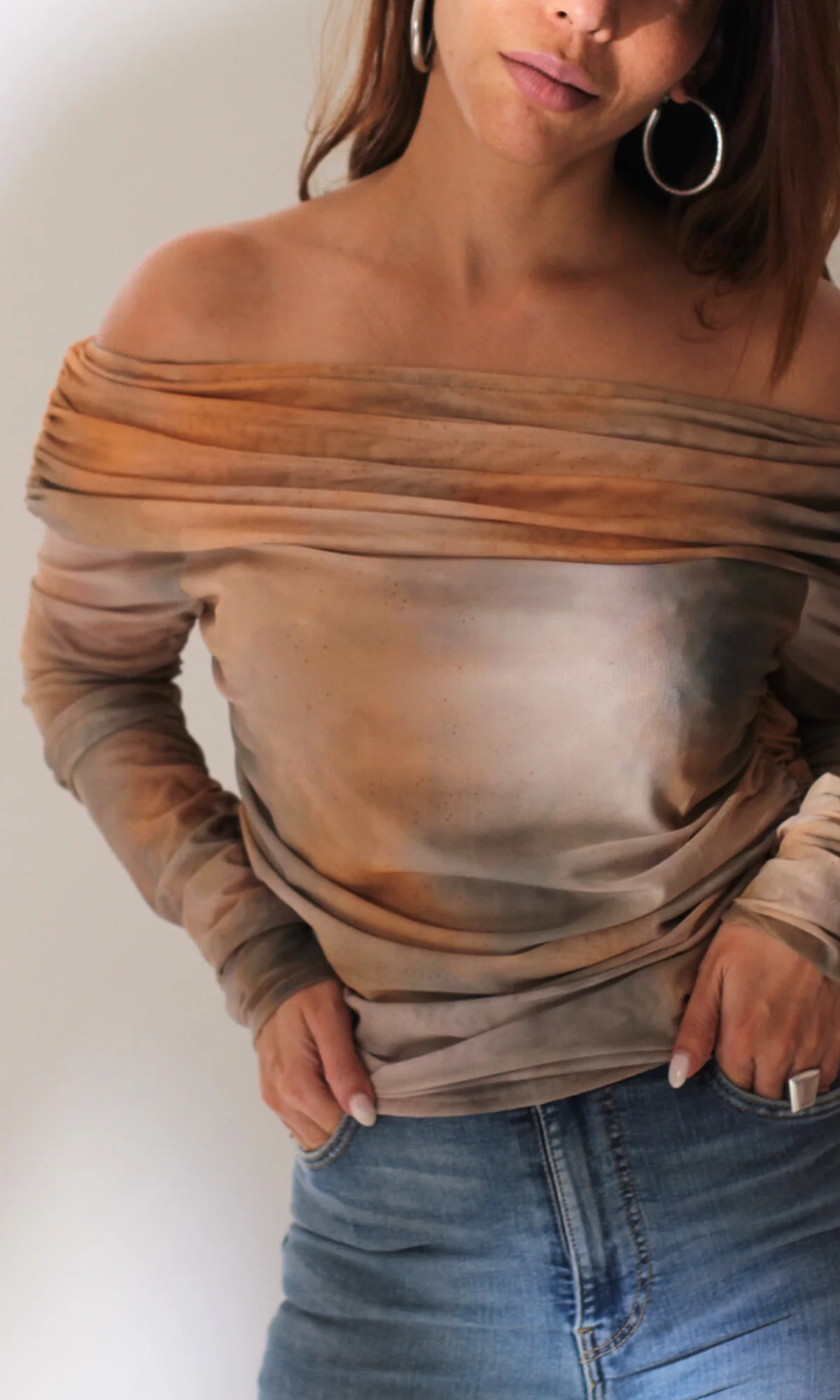 Beige Symphony Off-Shoulder Tulle Top - Image 5