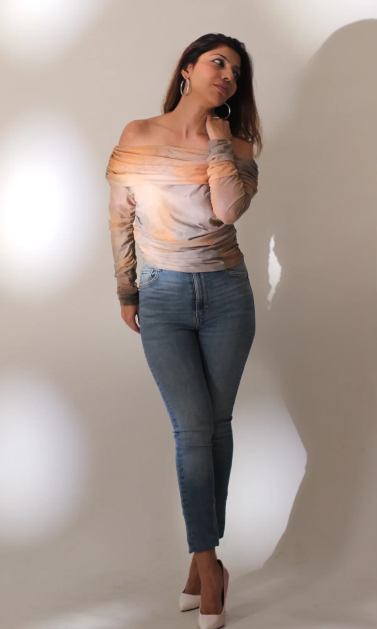 Beige Symphony Off-Shoulder Tulle Top - Image 6