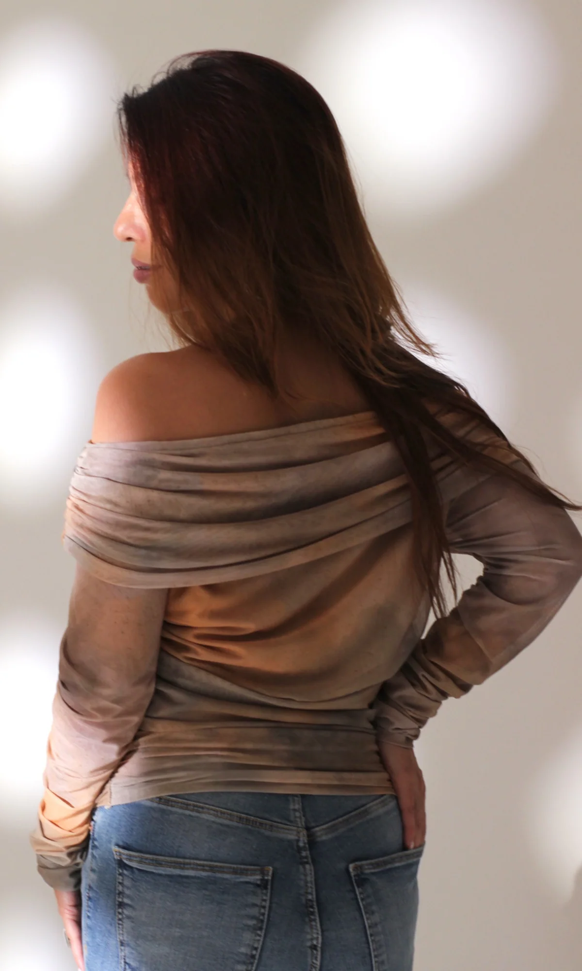 Beige Symphony Off-Shoulder Tulle Top - Image 9