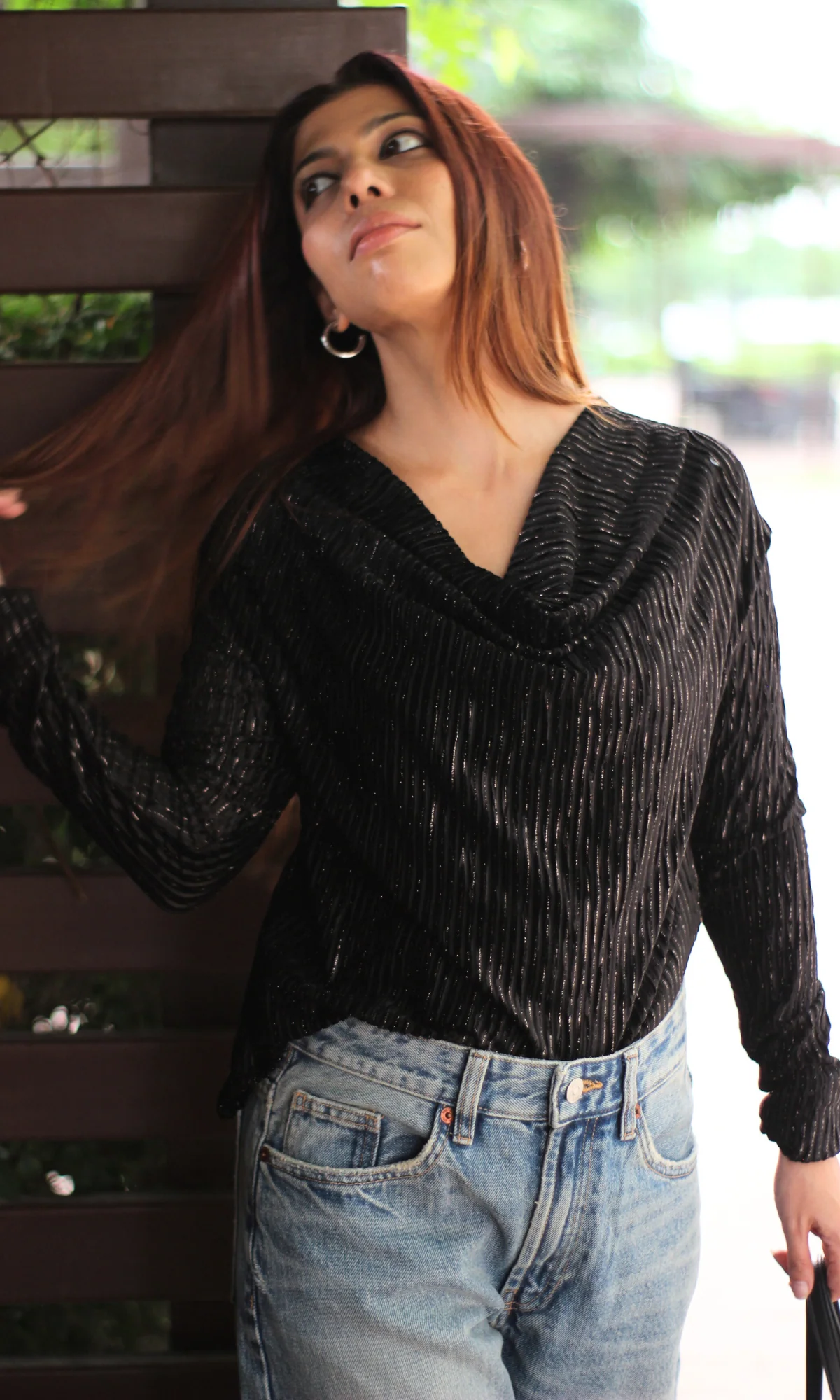 Black Pleated Full Sleeve Cowl Neck Top - Image 3