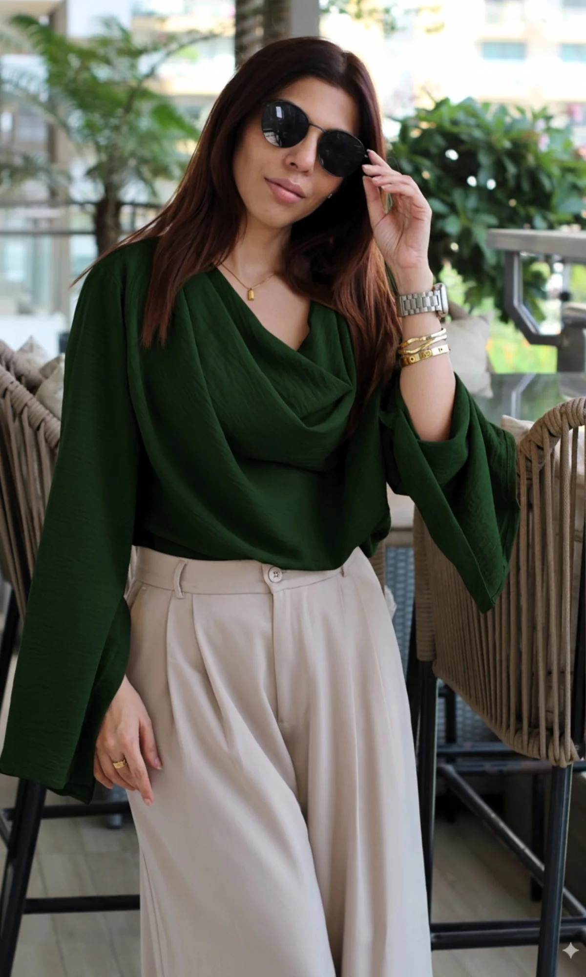Bottle Green Slit Sleeves Cowl Neck Top - Image 3