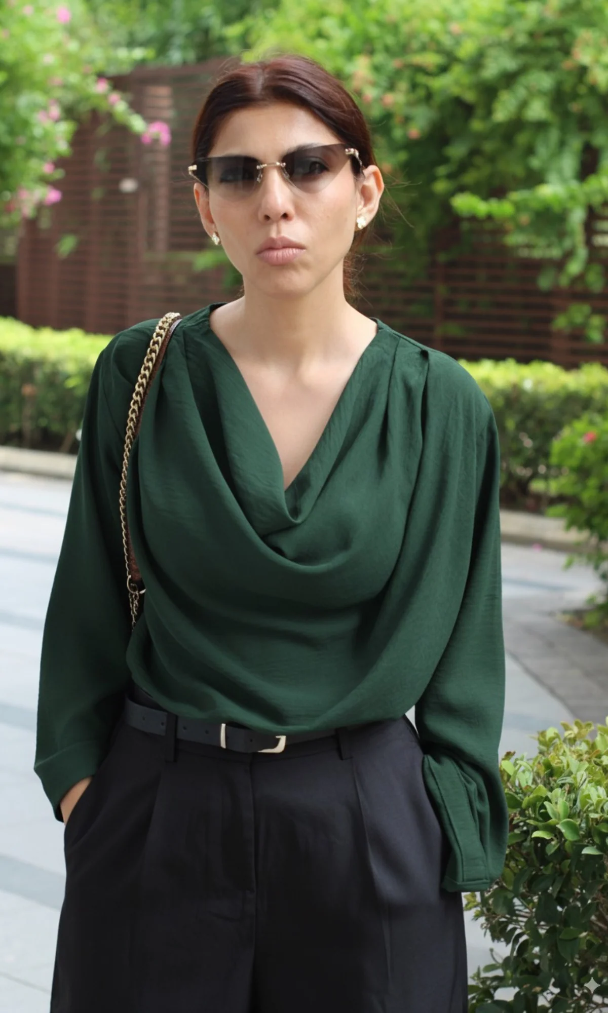 Bottle Green Slit Sleeves Cowl Neck Top - Image 4