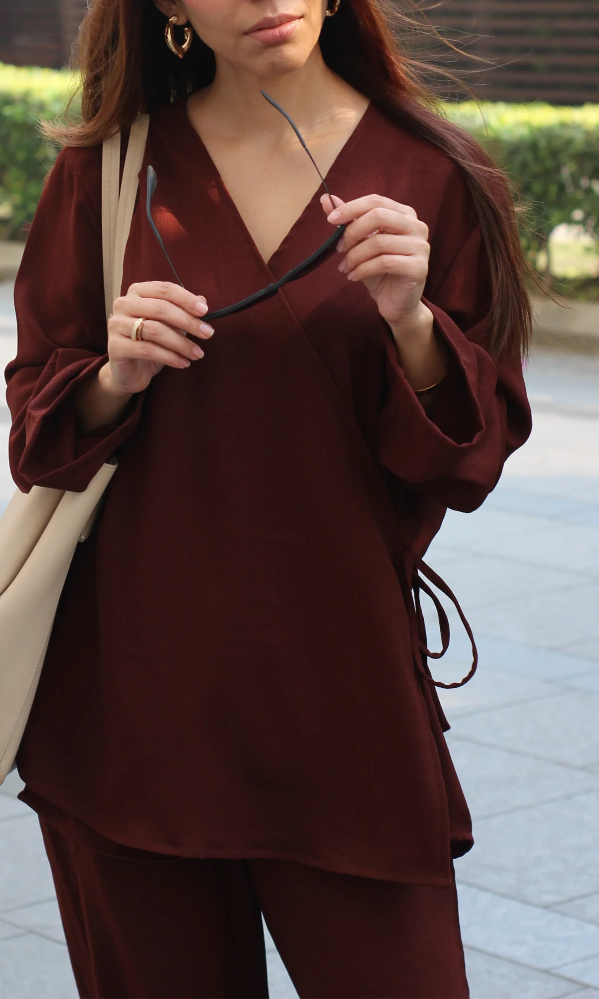 Brown Textured Tie Detail Kimono Top with Pants Co-ord - Image 4