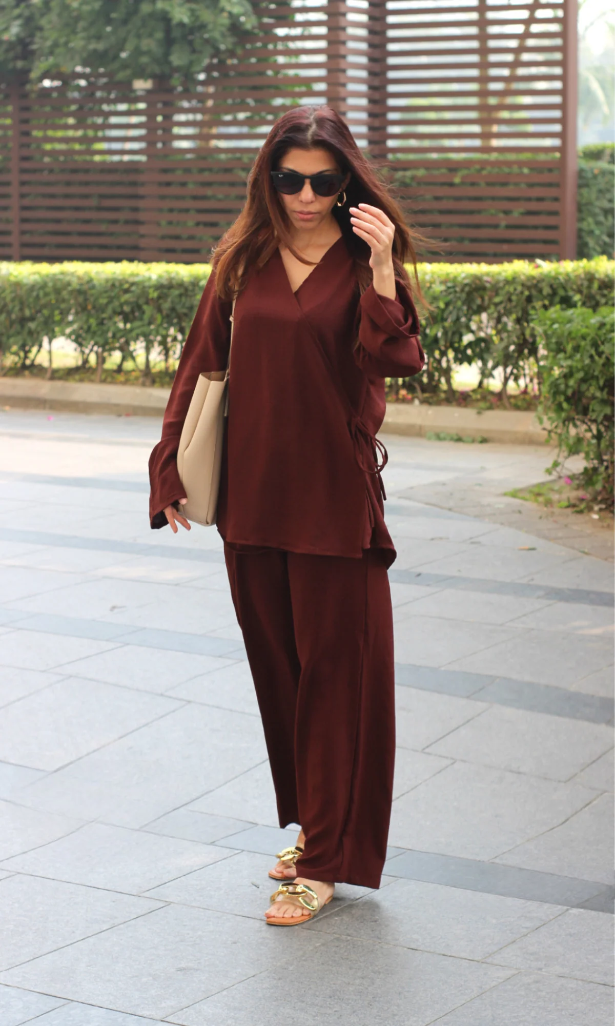 Brown Textured Tie Detail Kimono Top with Pants Co-ord - Image 5