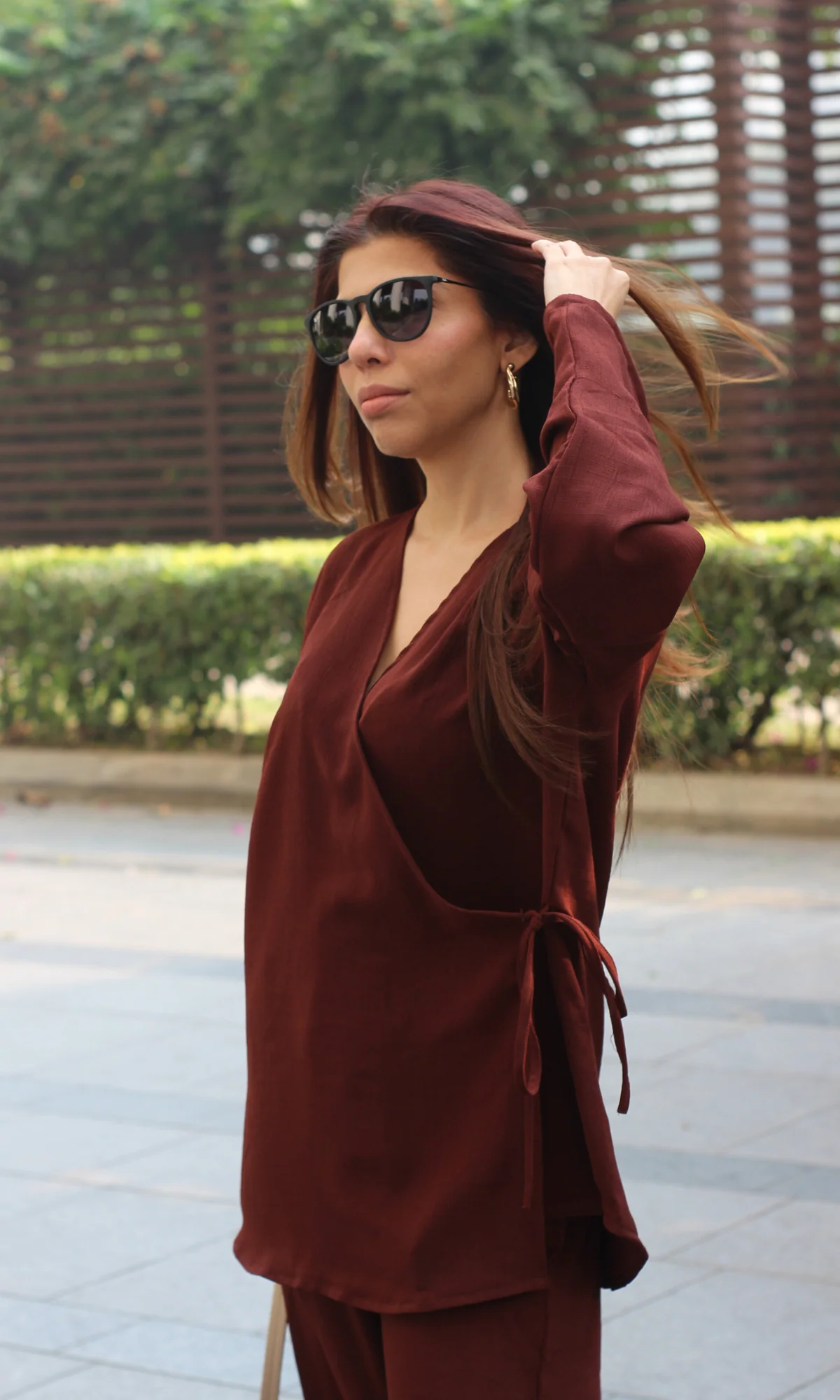 Brown Textured Tie Detail Kimono Top with Pants Co-ord - Image 6