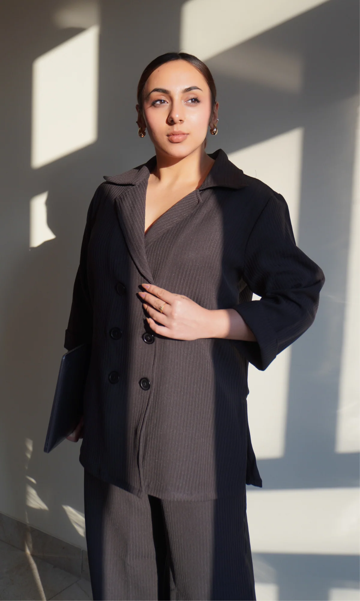 Charcoal Striped Blazer Top with Slit Pants Co-ord - Image 3