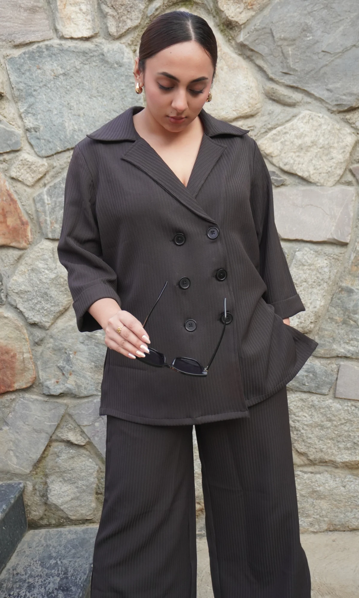 Charcoal Striped Blazer Top with Slit Pants Co-ord - Image 4