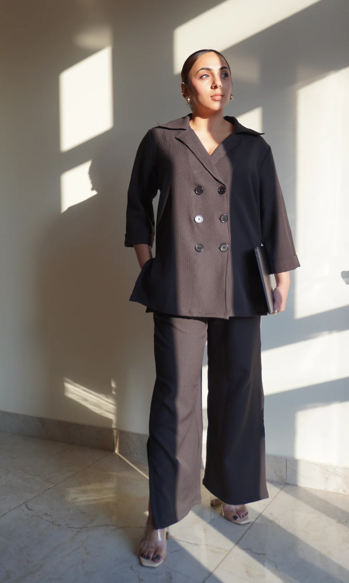 Charcoal Striped Blazer Top with Slit Pants Co-ord - Image 5