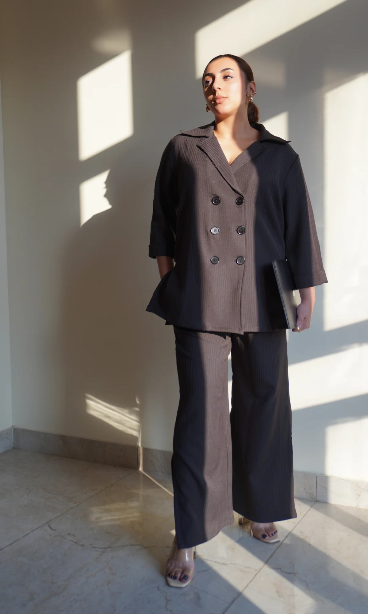 Charcoal Striped Blazer Top with Slit Pants Co-ord - Image 6