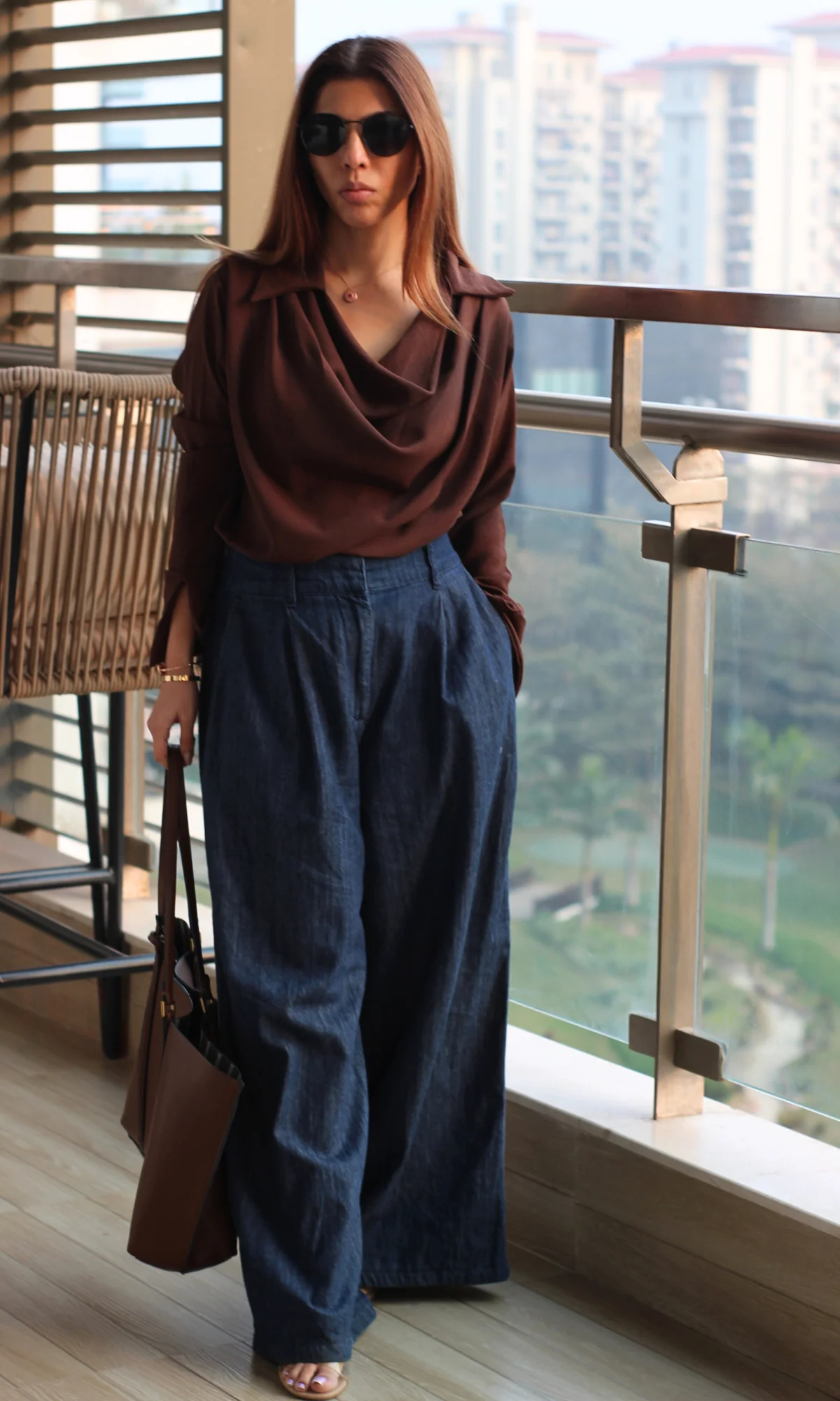 Dark Brown Collared Cowl Neck Top - Image 4