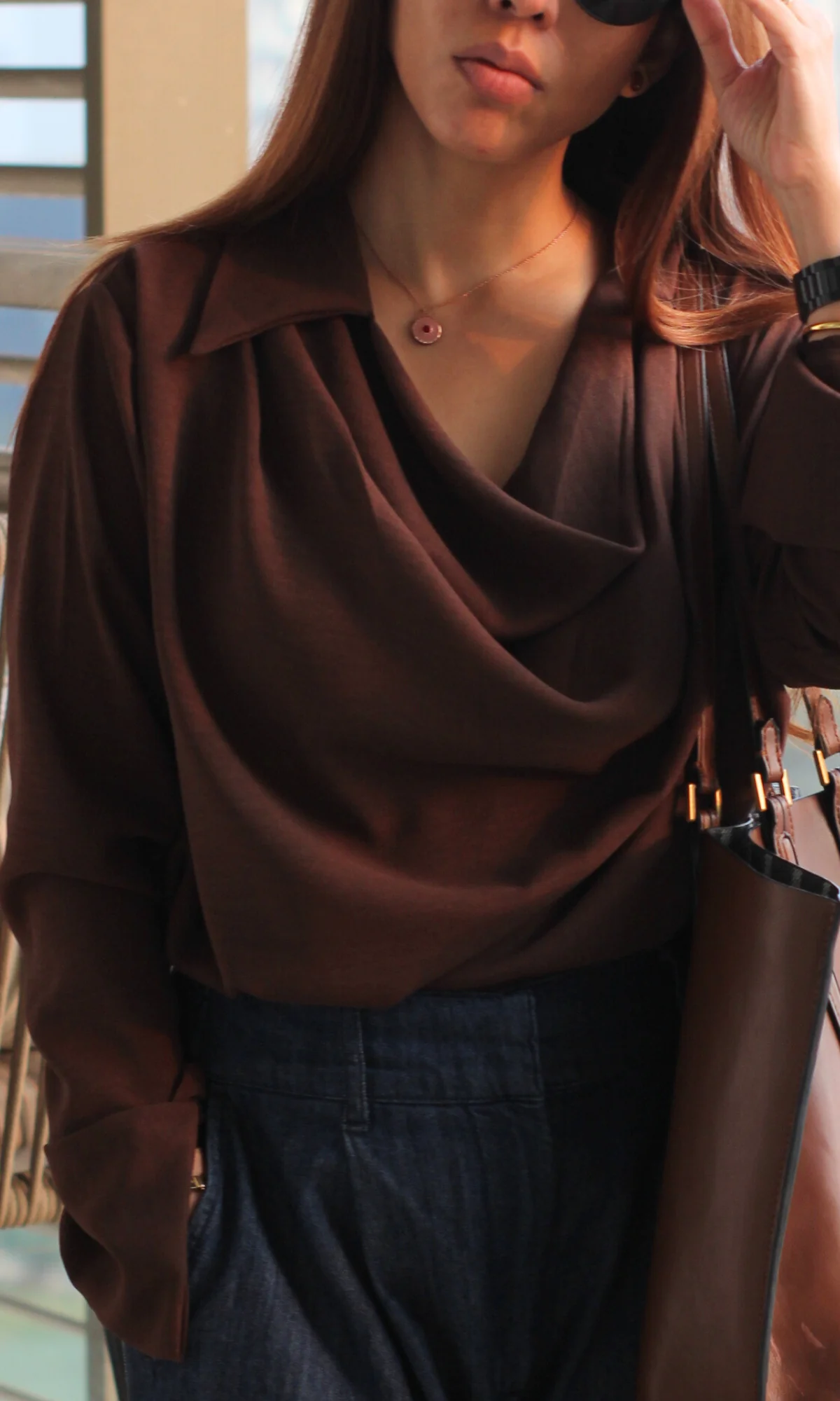 Dark Brown Collared Cowl Neck Top - Image 5