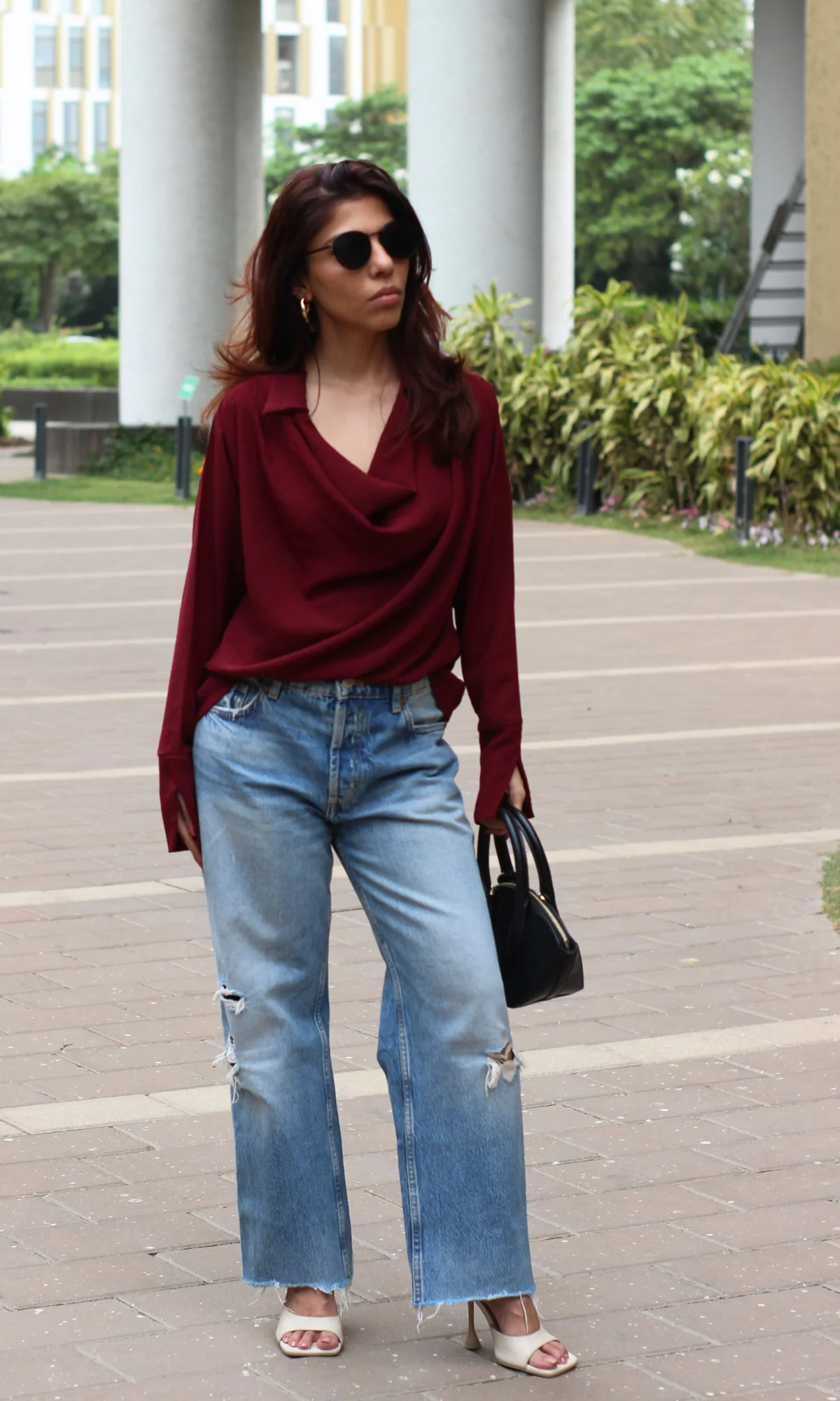 Dark Wine Collared Cowl Neck Top - Image 3