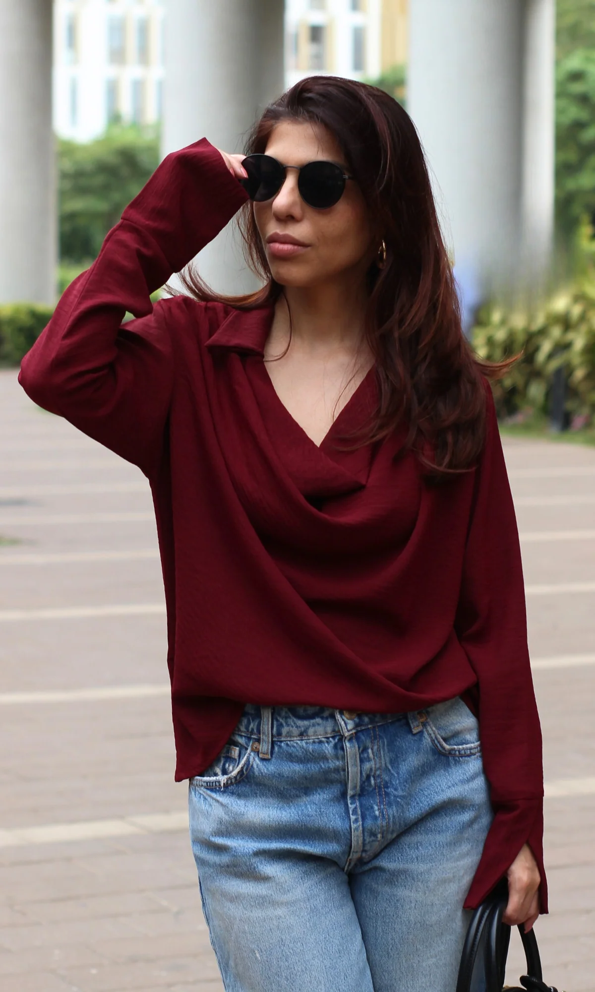 Dark Wine Collared Cowl Neck Top - Image 4