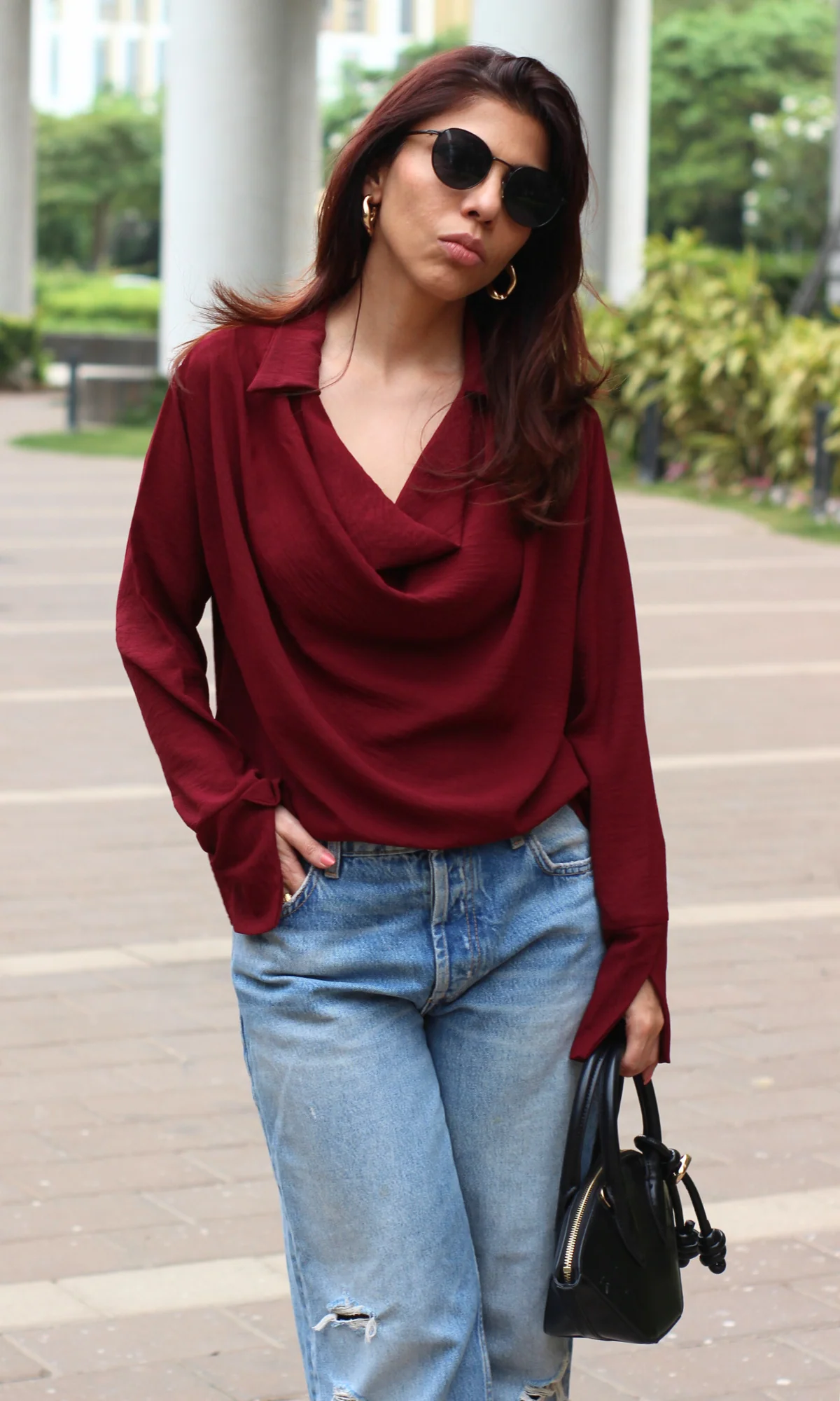 Dark Wine Collared Cowl Neck Top - Image 5
