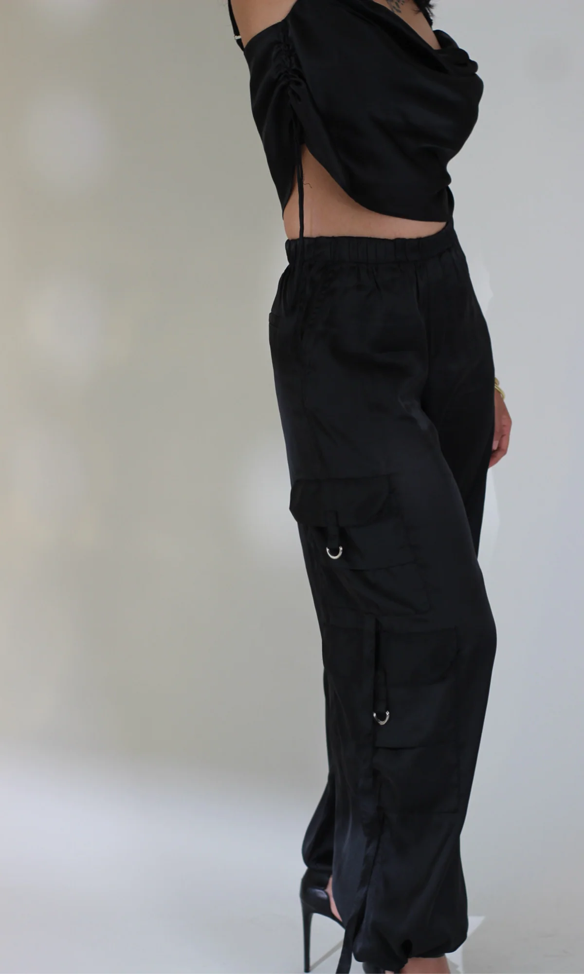 Deep Black Drawstring Top and Parachute Pants - Image 3