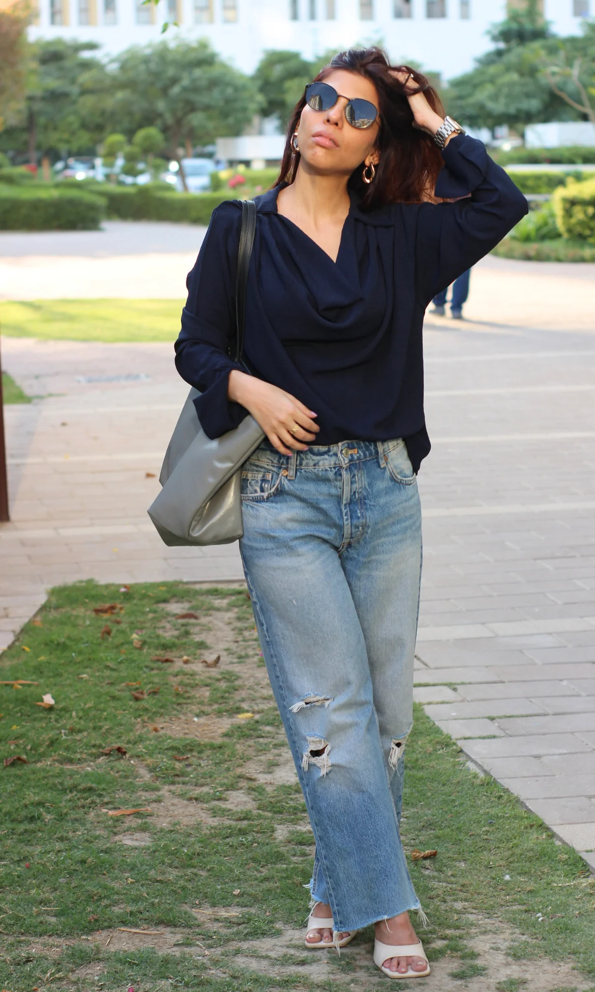 Deep Navy Collared Cowl Neck Top - Image 3