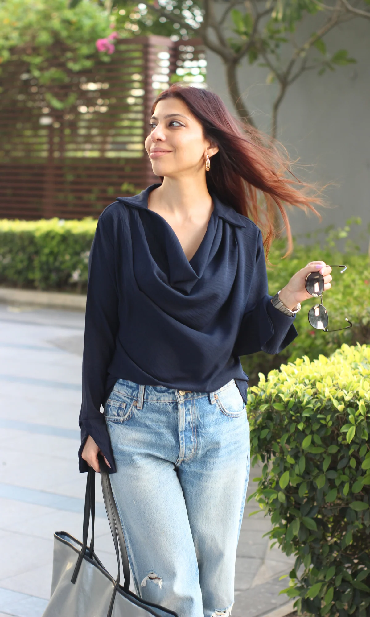 Deep Navy Collared Cowl Neck Top - Image 4