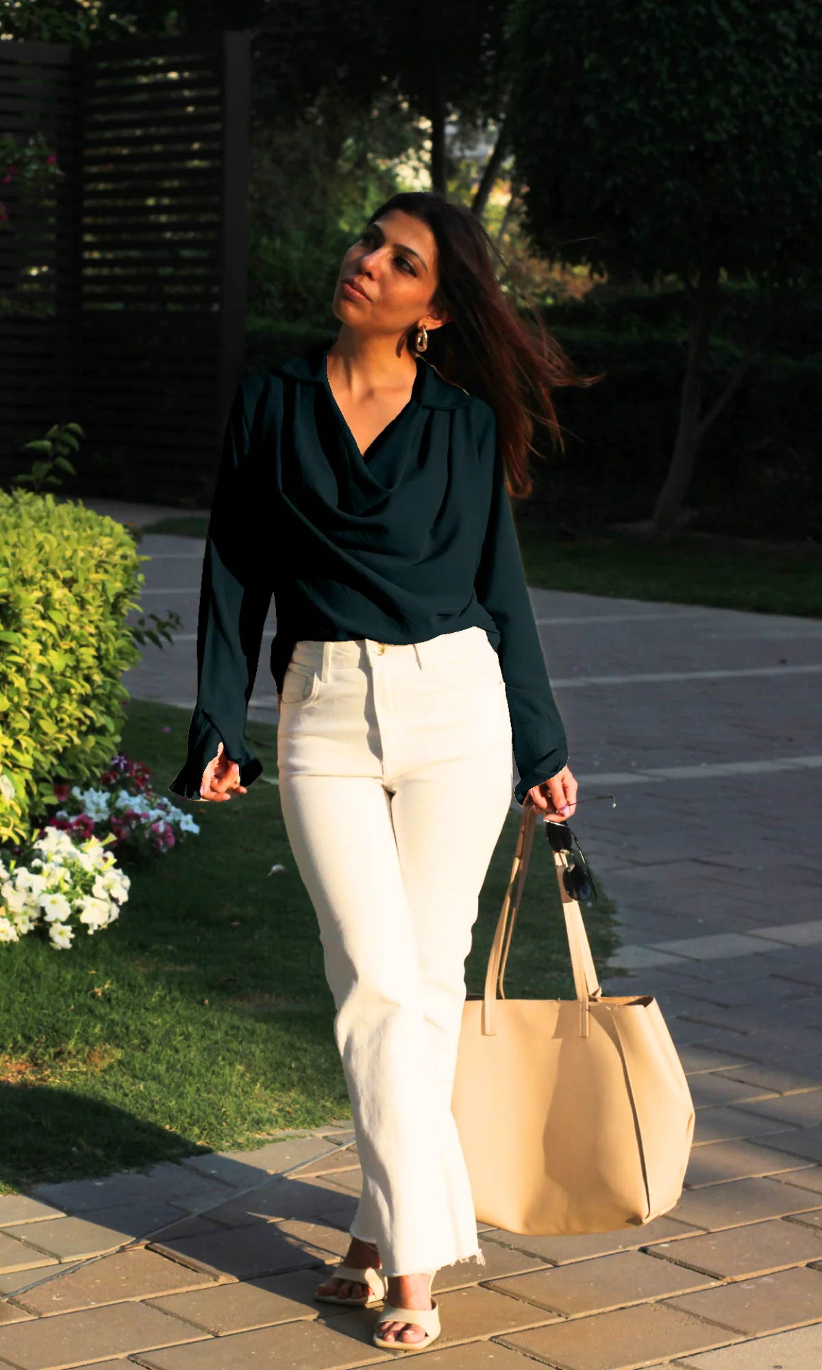 Deep Sea Green Collared Cowl Neck Top - Image 3