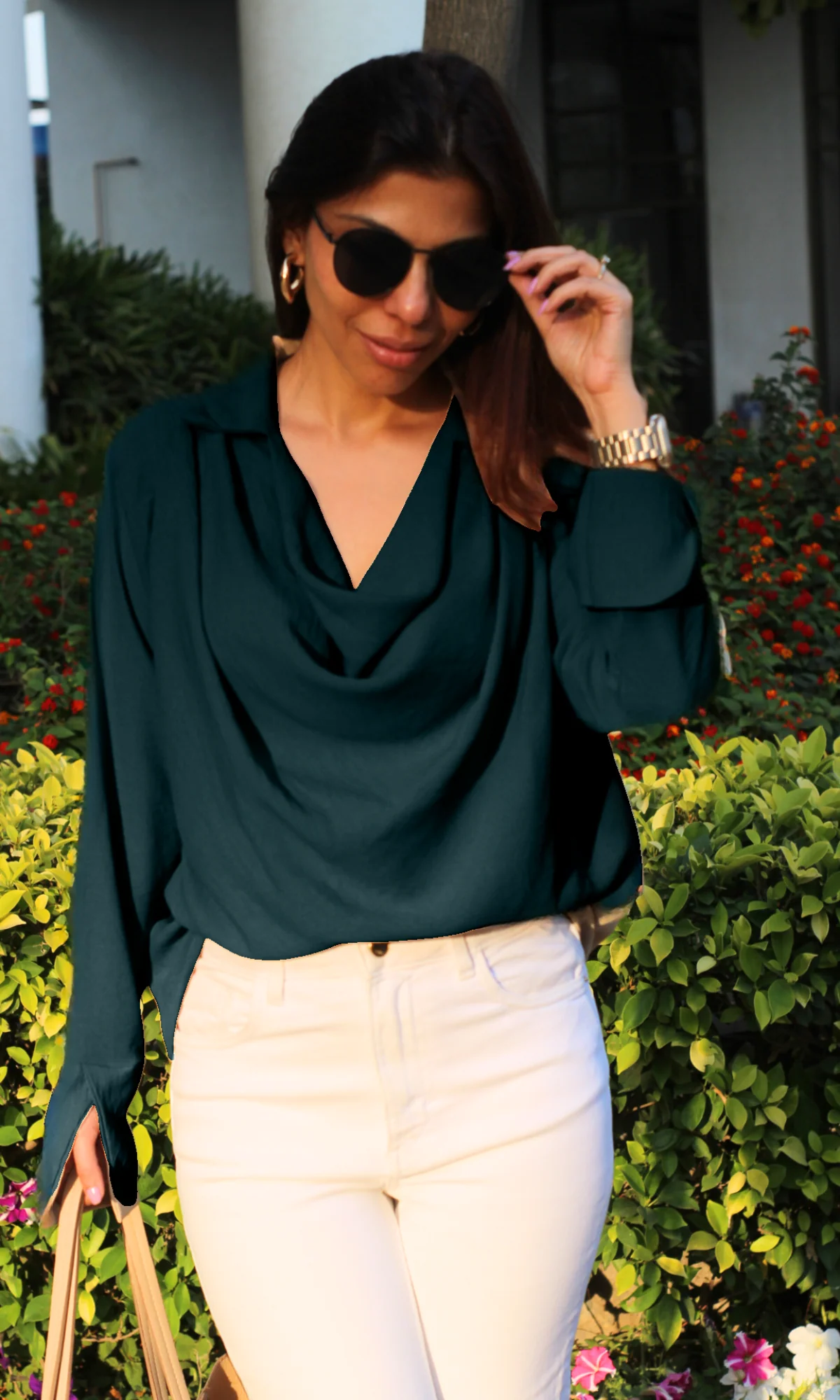 Deep Sea Green Collared Cowl Neck Top - Image 4