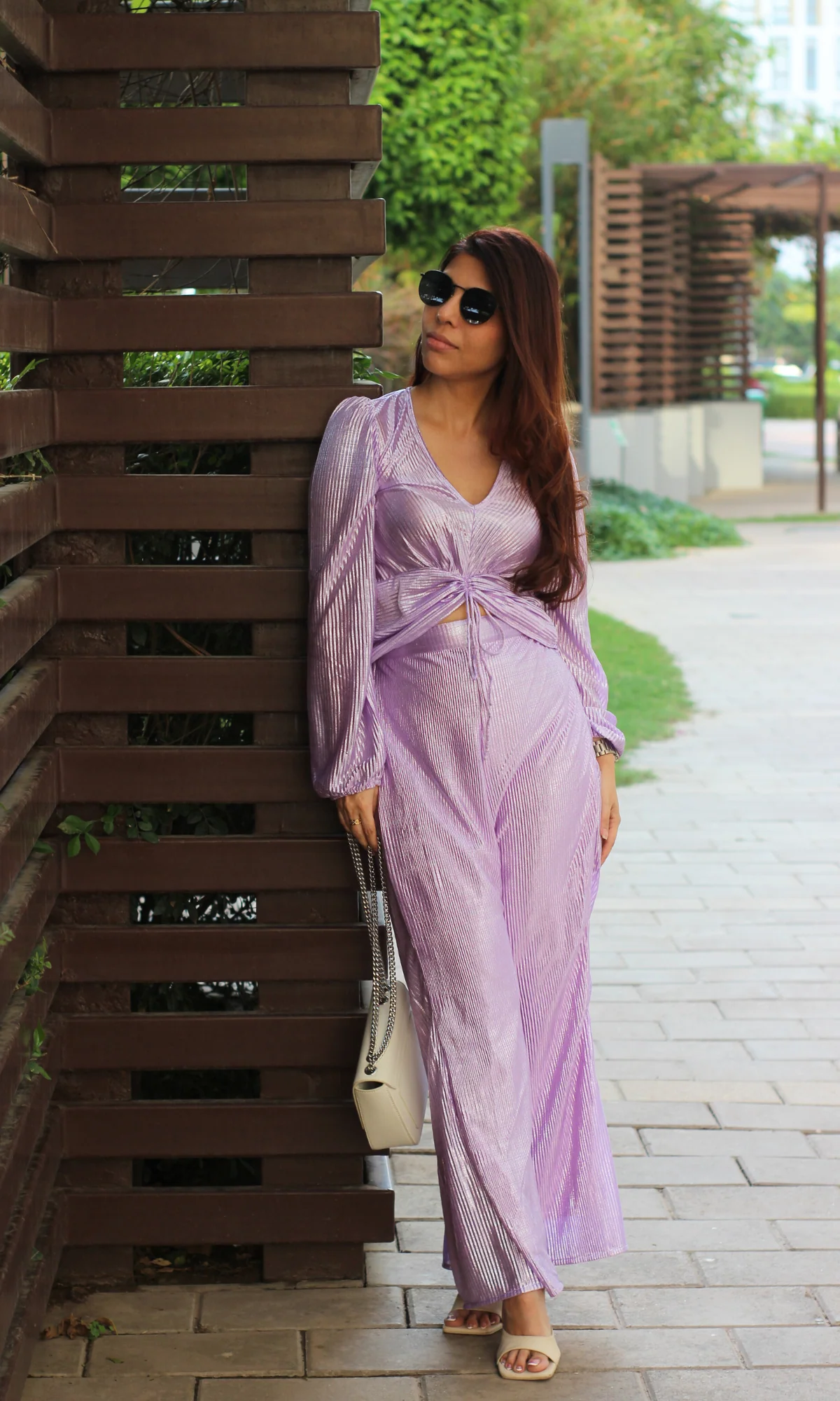 Lavender Pleated Shimmer Sleeved Top and Flared Pants - Image 5