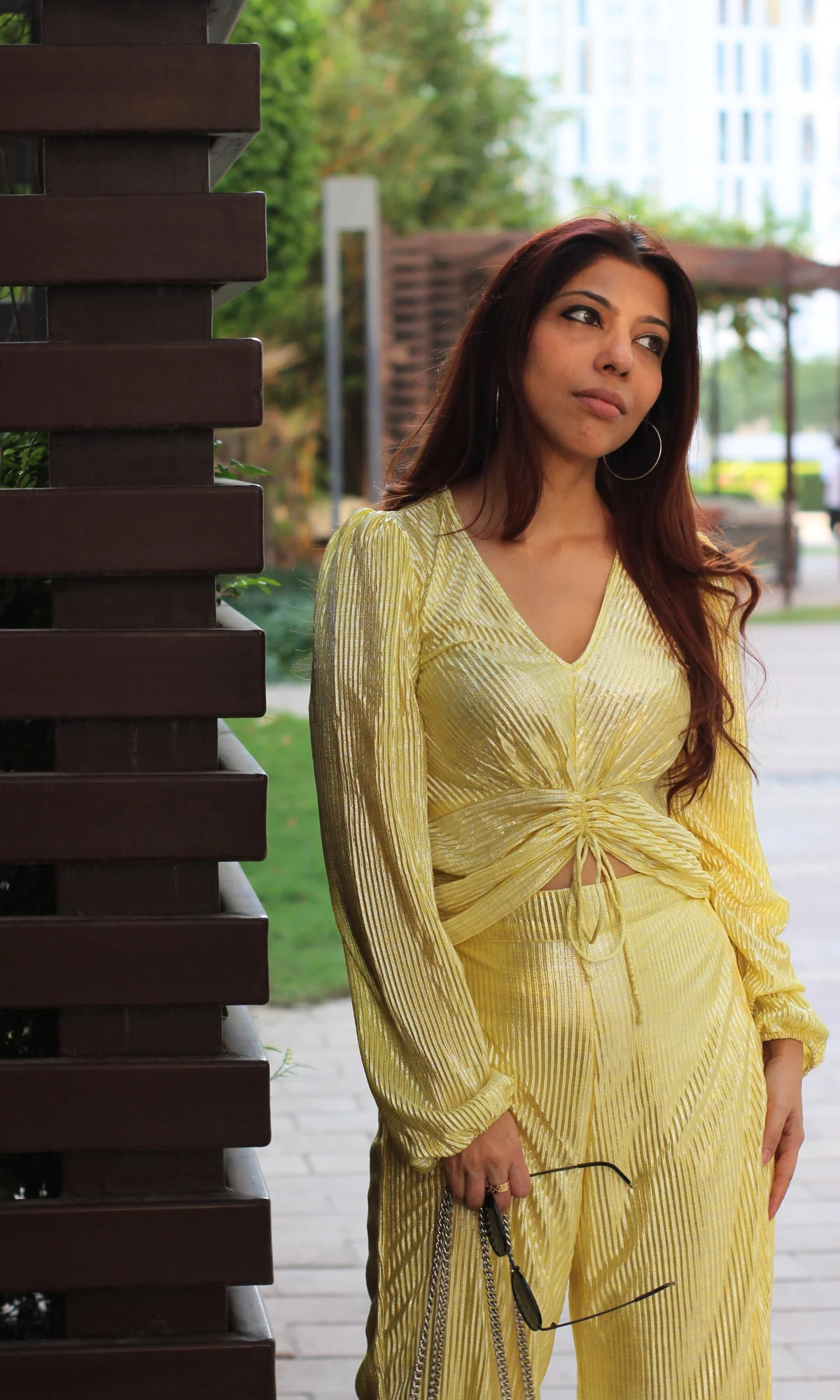 Lemon Pleated Shimmer Sleeved Top and Flared Pants - Image 3