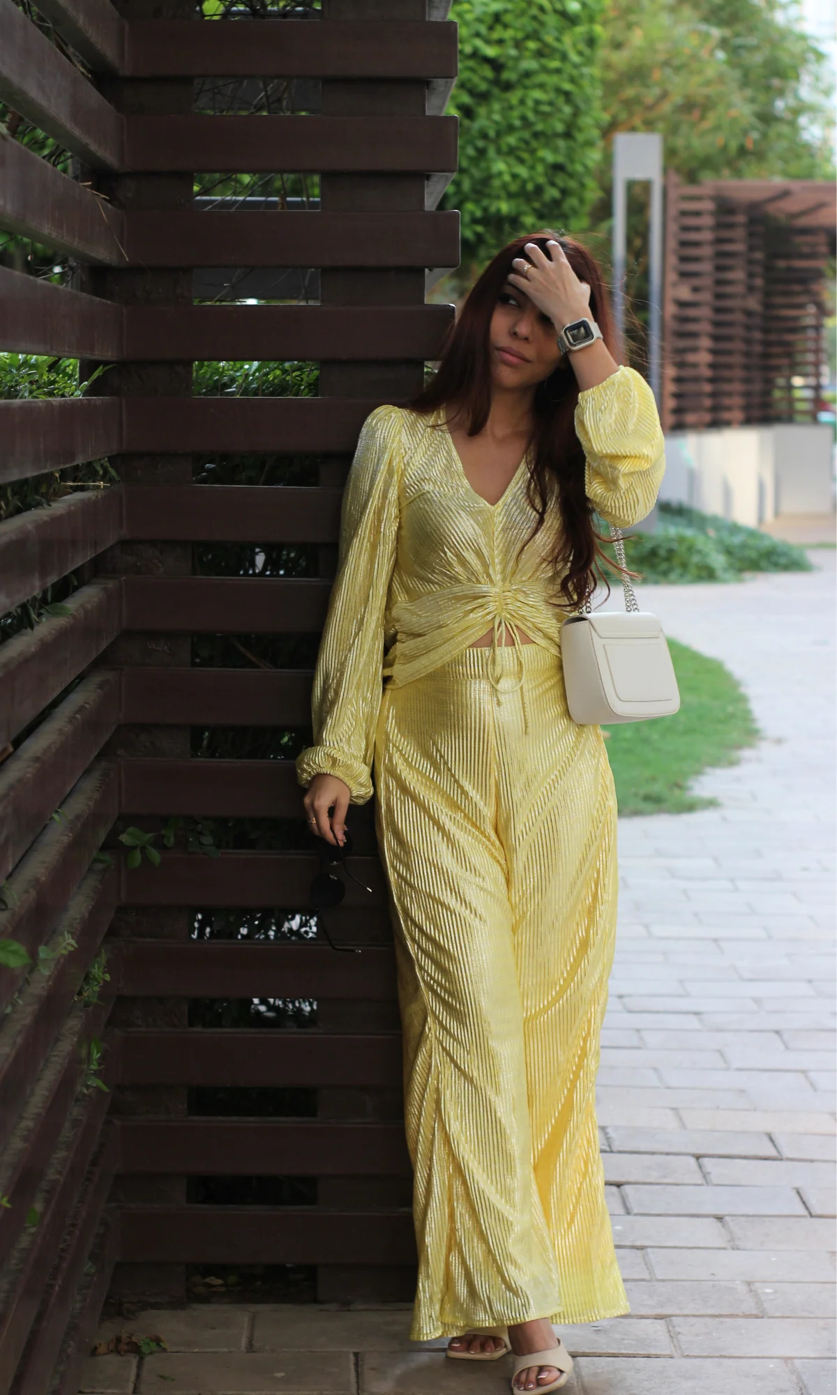 Lemon Pleated Shimmer Sleeved Top and Flared Pants - Image 4