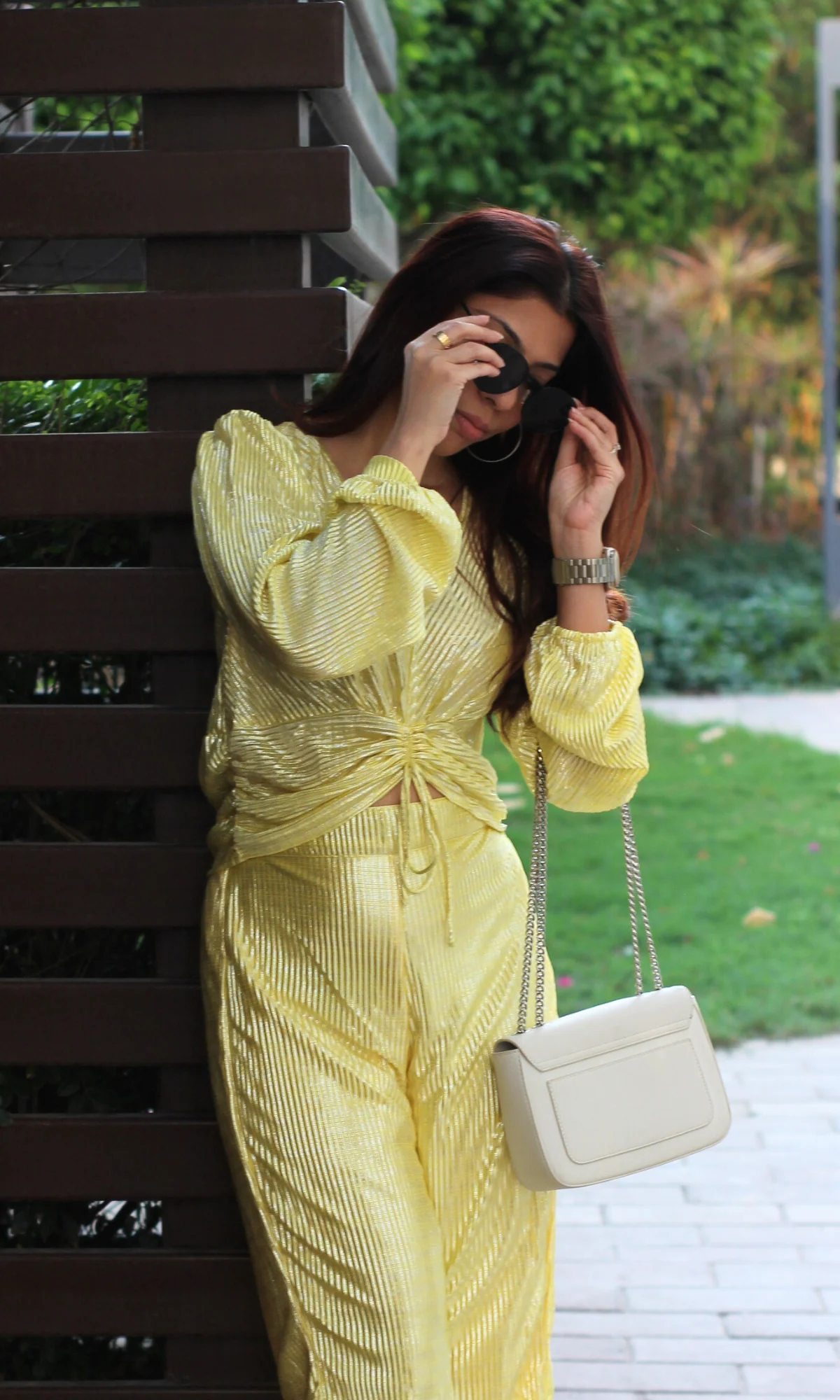 Lemon Pleated Shimmer Sleeved Top and Flared Pants - Image 5
