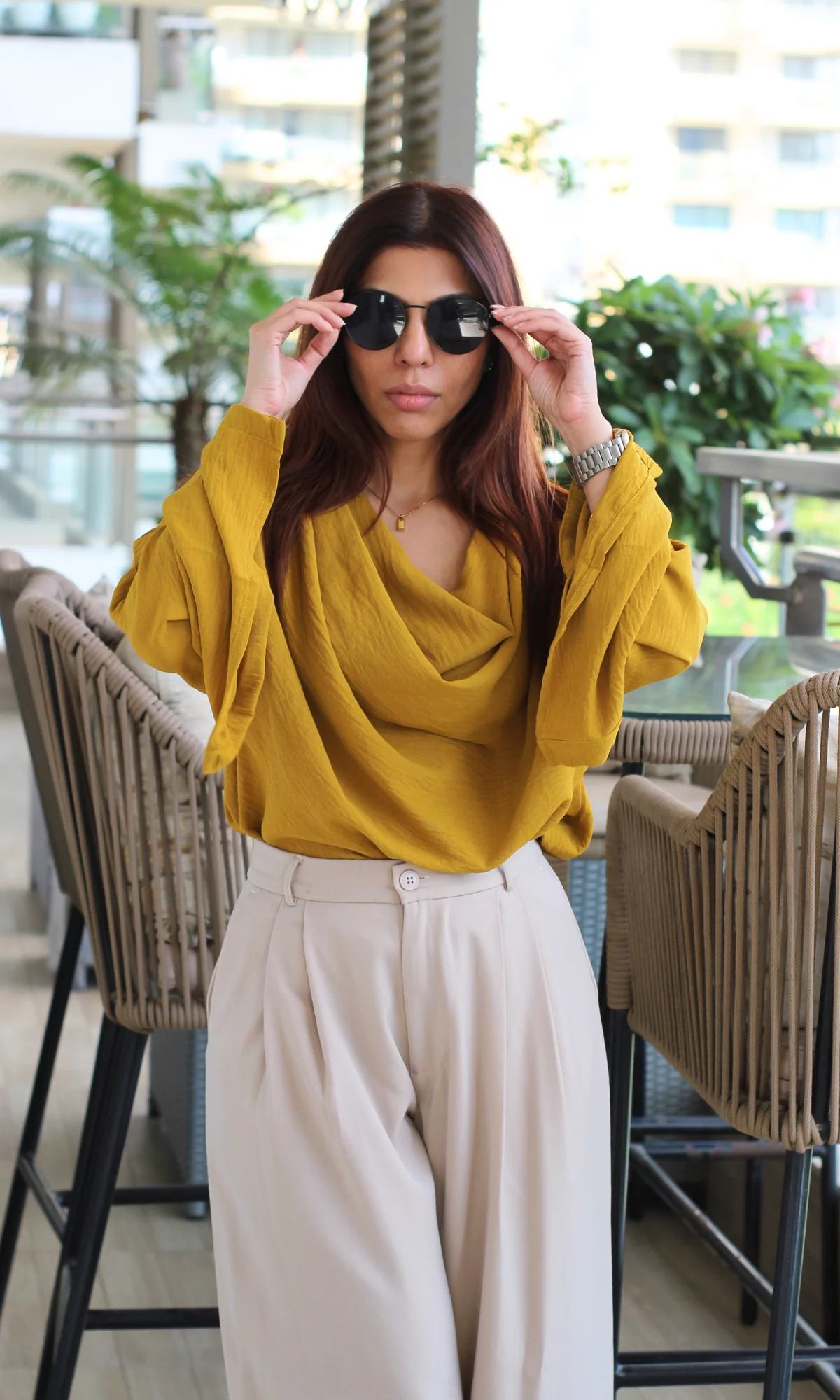 Mustard Slit Sleeves Cowl Neck Top - Image 3