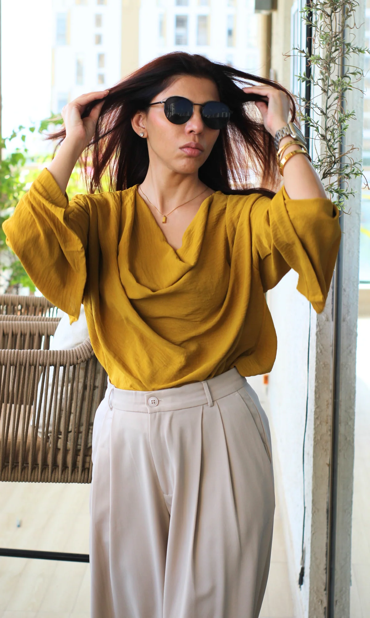 Mustard Slit Sleeves Cowl Neck Top - Image 5