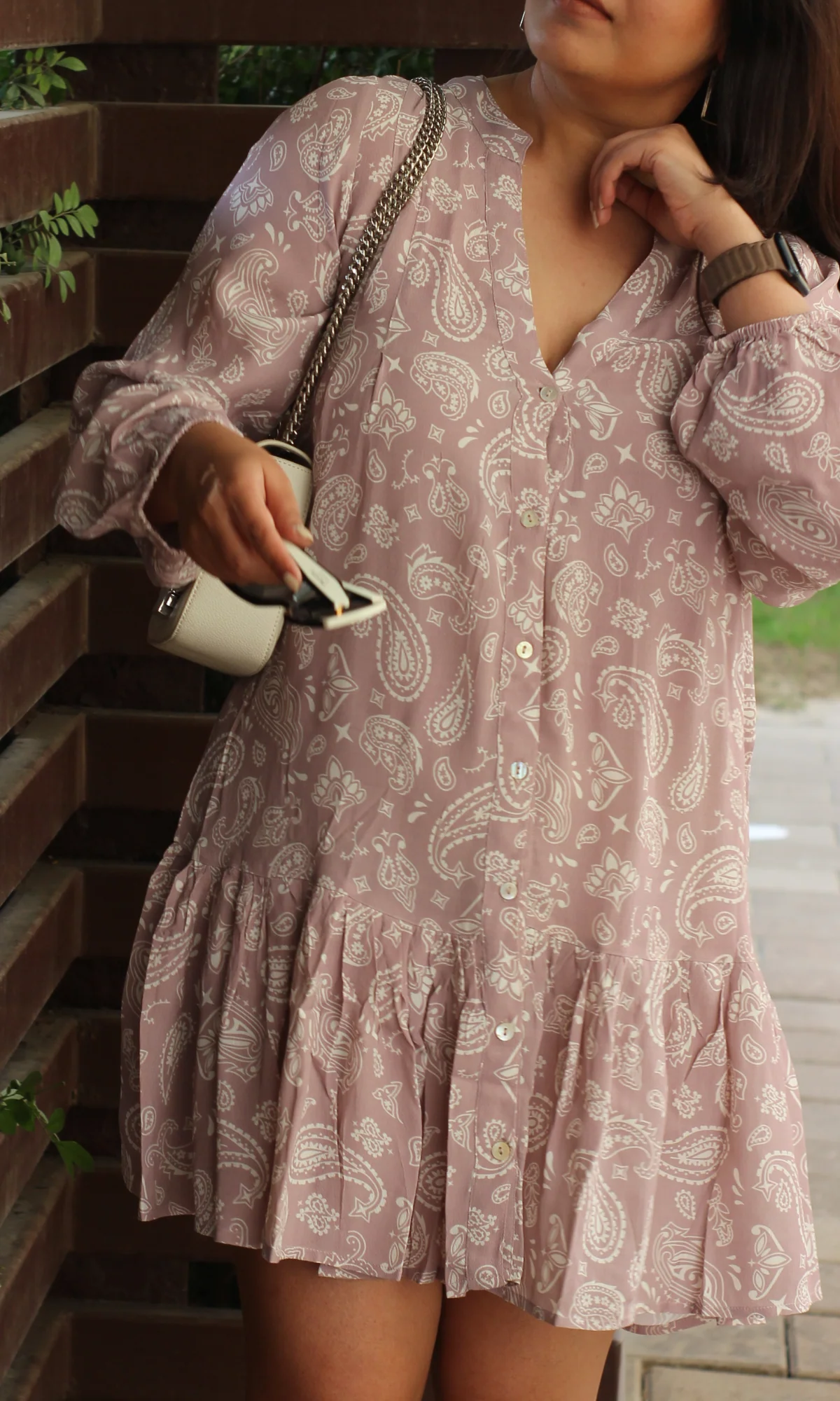 Nude Paisley Printed Sleeved Crepe Dress - Image 5