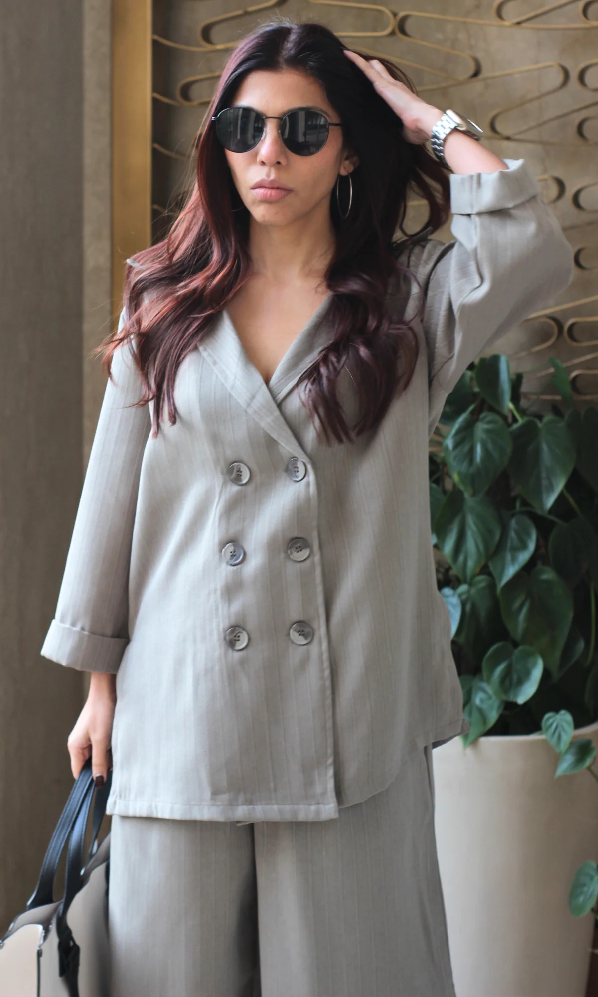 Light Olive Striped Blazer Top with Slit Pants Co-ord - Image 3