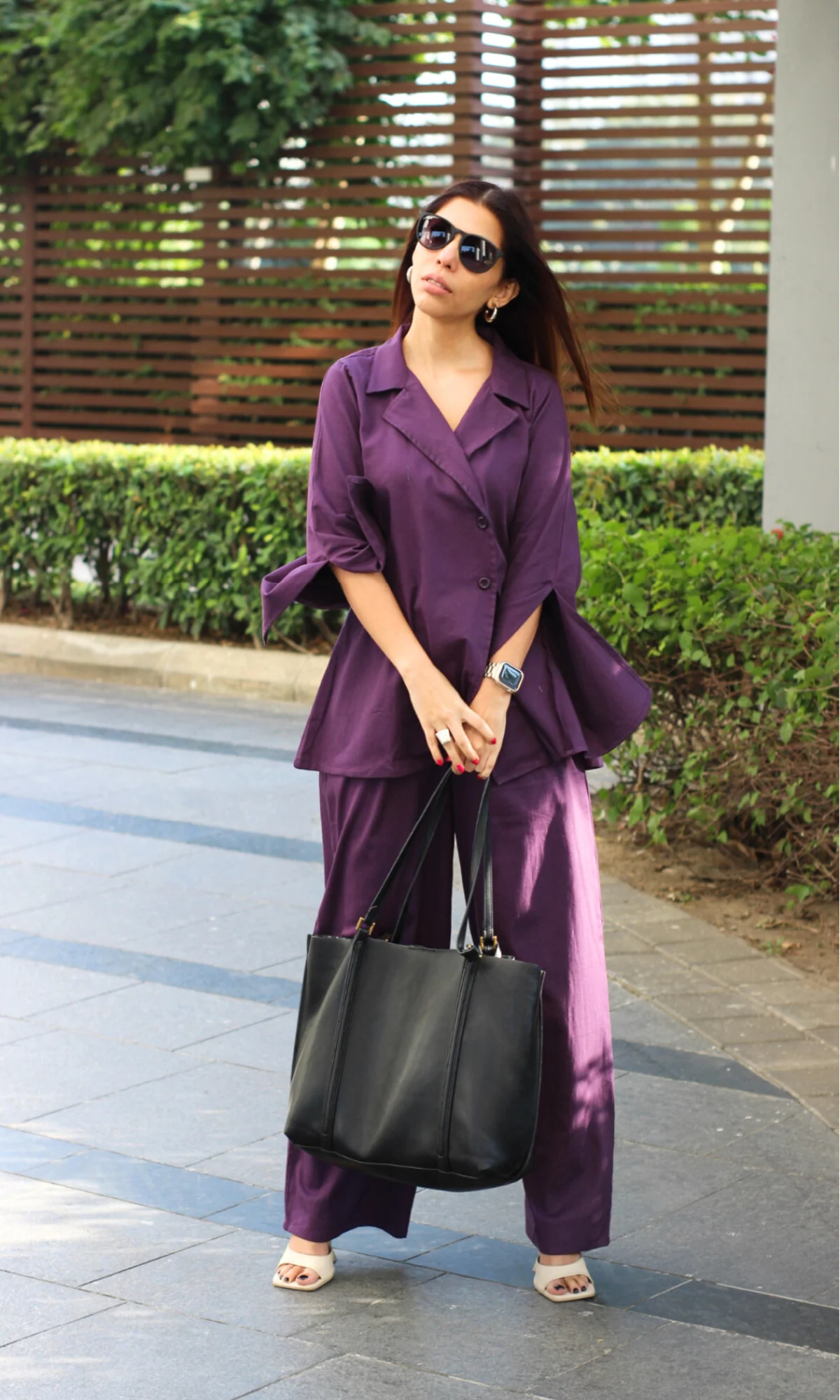 Purple Cut-Sleeved Blazer Top with Flared Pants Co-ord - Image 4