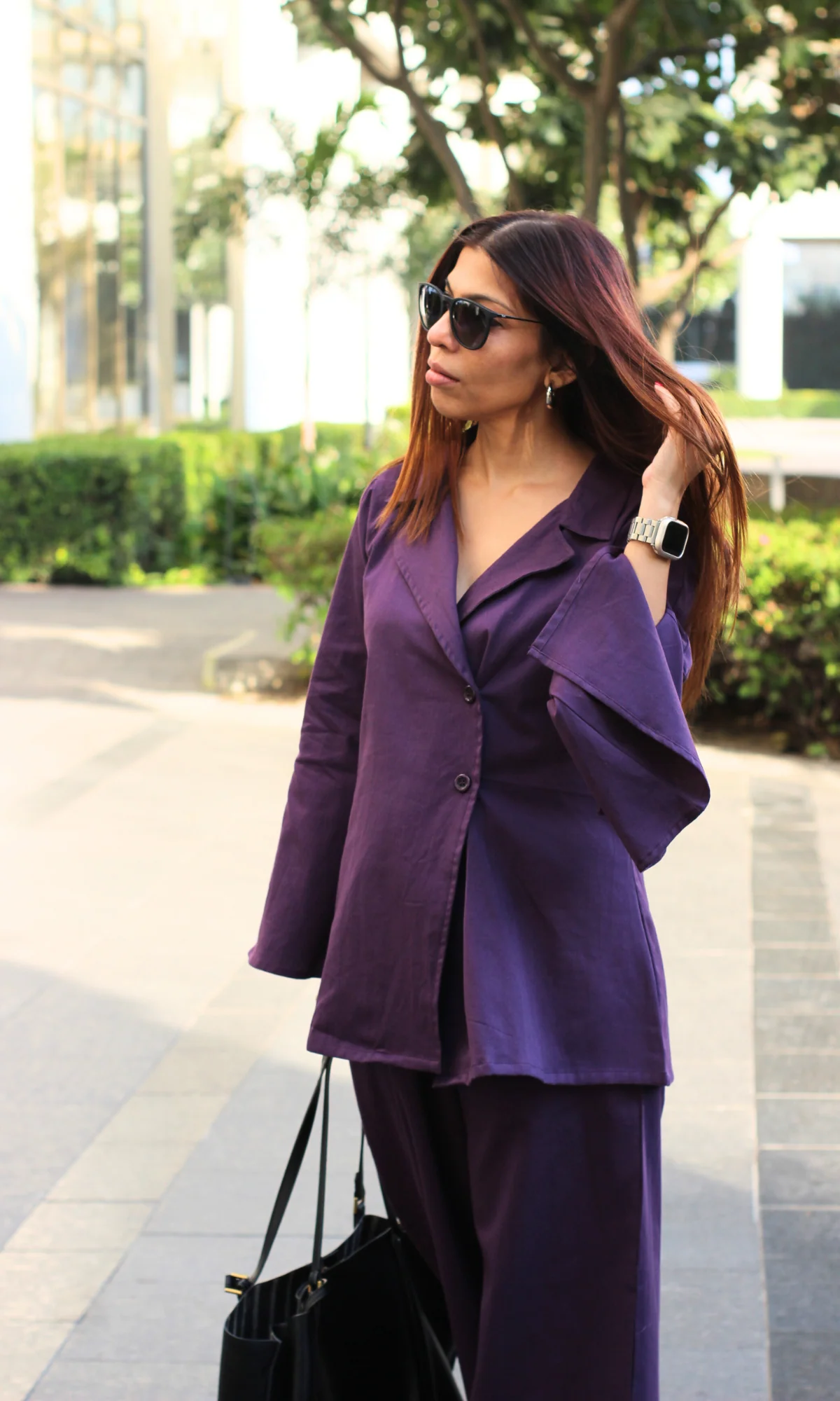Purple Cut-Sleeved Blazer Top with Flared Pants Co-ord - Image 5