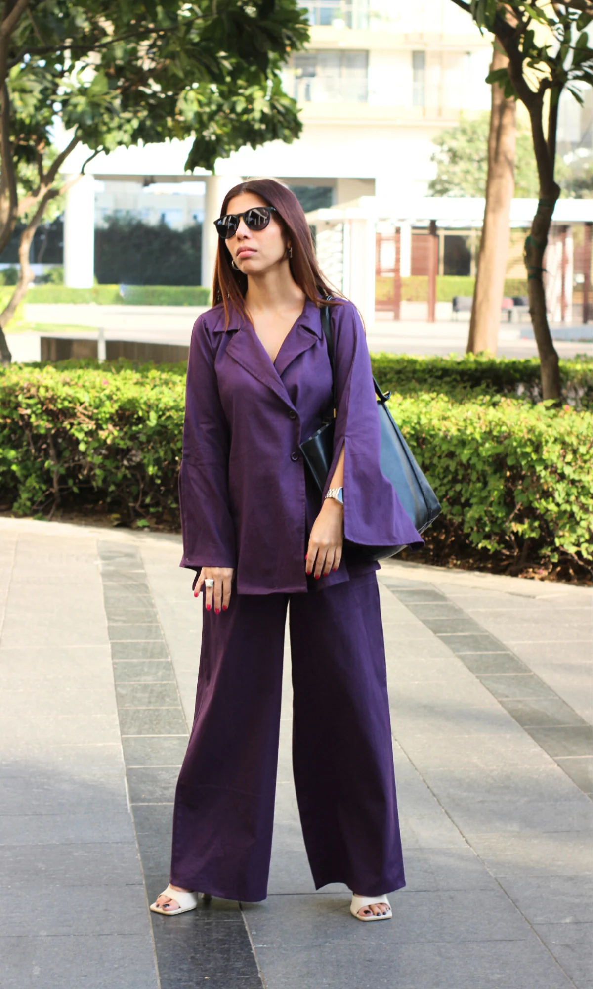 Purple Cut-Sleeved Blazer Top with Flared Pants Co-ord - Image 6