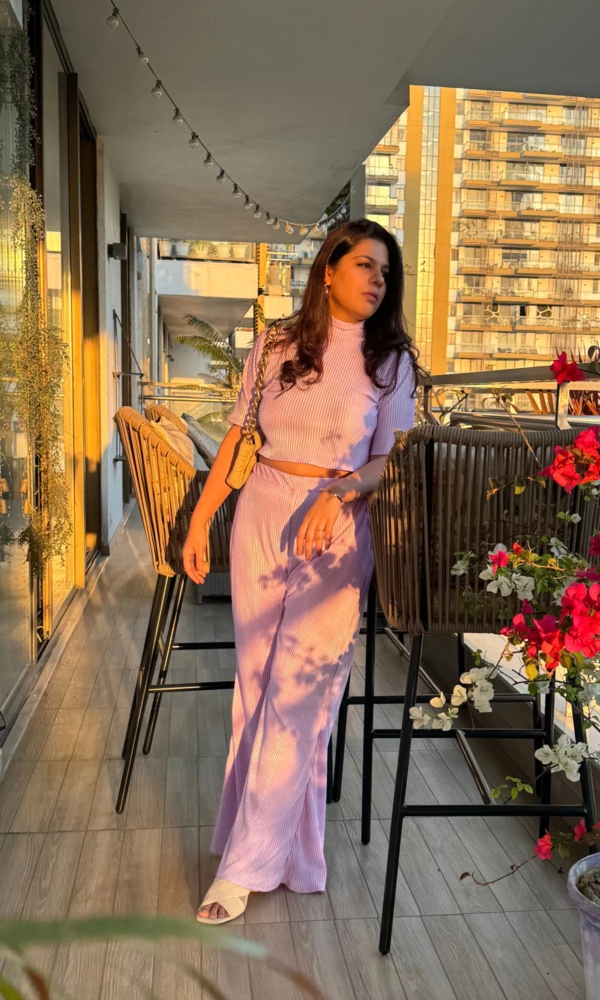 Summer Purple High Neck Top with Flared Pants - Image 3