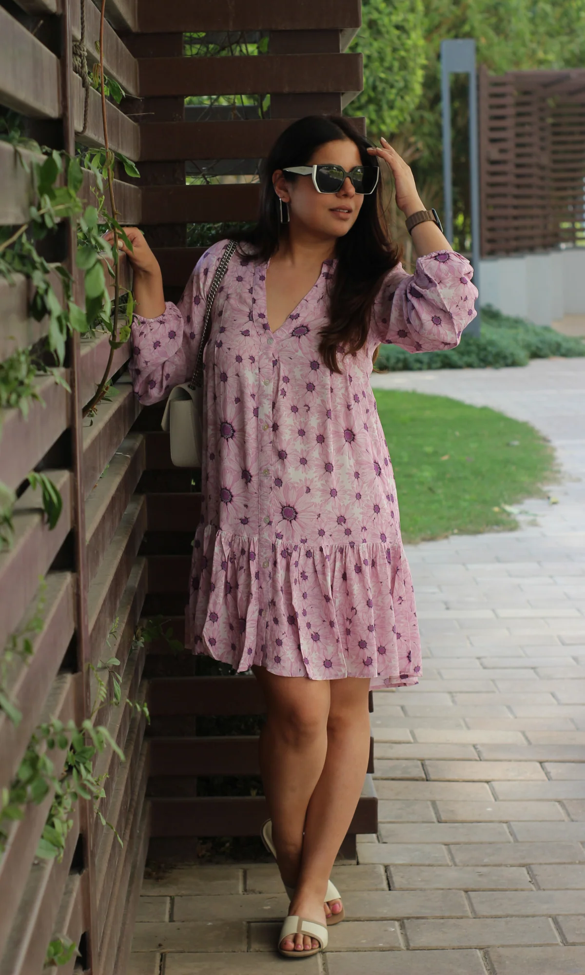 Vibrant Purple Printed Sleeved Crepe Dress - Image 5