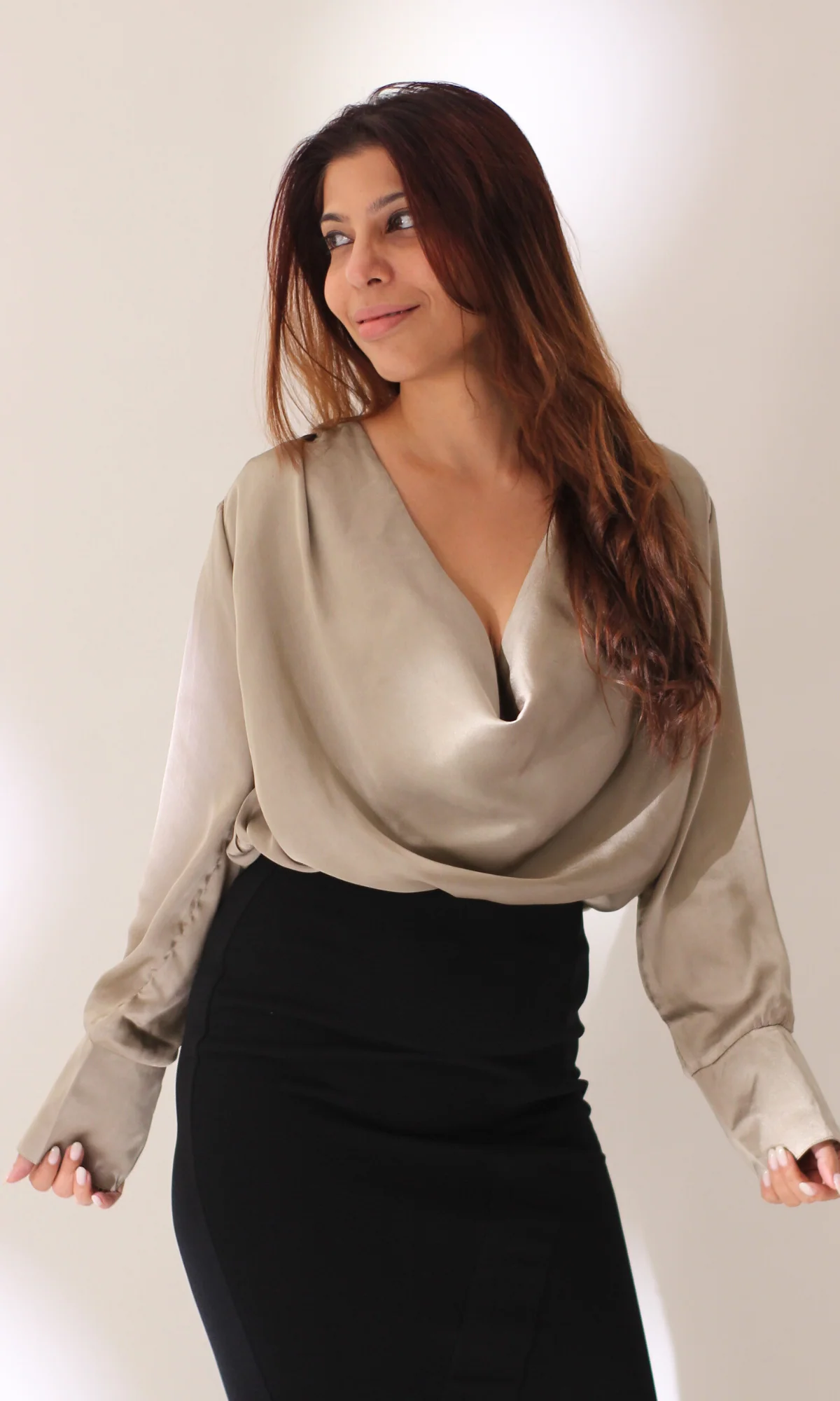 Greige Full Sleeves Cowl Neck Top - Image 3